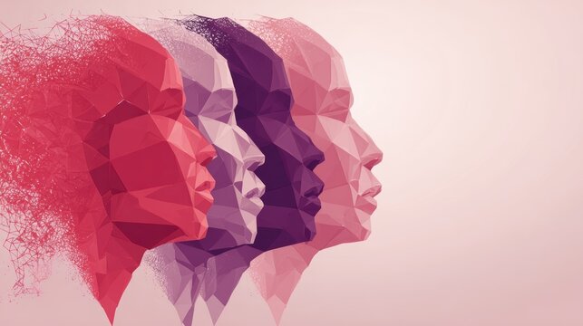 Polygonal Heads in Profile Show Change and Transformation in Pink Tones