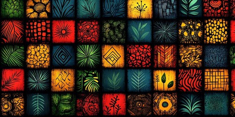 Colorful Mosaic of Tropical Plant and Abstract Patterns image photo