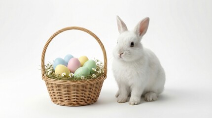 Cute Easter Bunny with Colorful Eggs on White Background