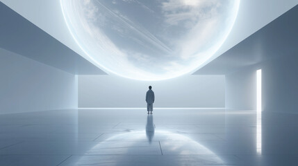 Solitary Figure Under Luminous Sphere
