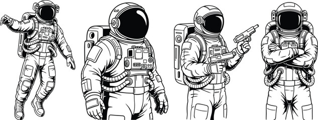 Black and white vector icon set featuring vintage astronauts in space suits floating and holding equipment for science fiction and exploration design © Shilpi