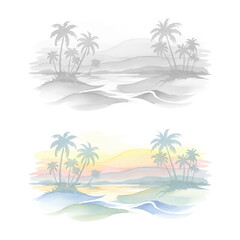 Watercolor Tropical Landscape with Palm Trees and River © riponhossain