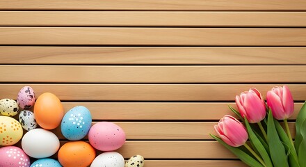 Obraz premium Easter wood background with colorful eggs and tulips decoration