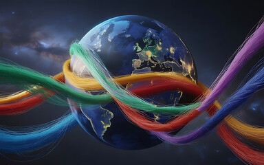 Vibrant multicolored cables wrapped around the earth