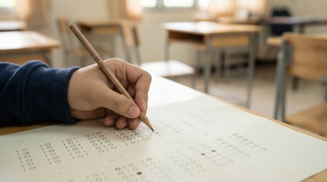 Student hand filling exam answer sheet classroom test education focus