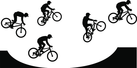 Fototapeta premium BMX cyclist silhouettes performing aerial tricks and jumps on ramps, extreme sports action scene, freestyle biking stunts, urban cycling concept isolated on white background