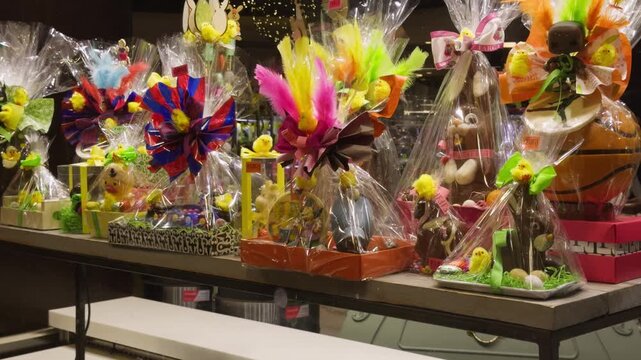 Easter holiday sets of chocolate eggs and bunnies are on the shelves in the pastry shop.