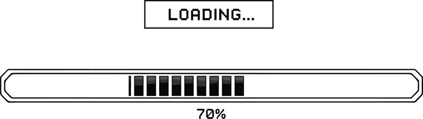 Black and white vector illustration of a pixel art loading bar with a seventy percent progress status for retro video game design