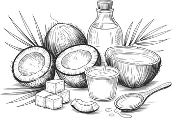 Coconut Milk Oil and Fruit Botanical Line Art Illustration.