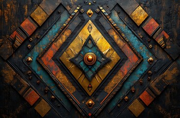 Intricate Geometric Pattern with Gold Teal and Red Accents on Dark Background abstract