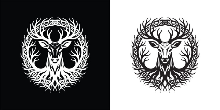 Celtic Knot Deer Head with Tree Roots and Antlers Symmetrical Logo