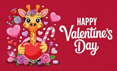Naklejka premium Adorable giraffe holding a heart shaped balloon for a happy valentines day celebration