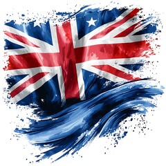 New Zealand flag with dynamic brush strokes and wave effect on white background Keywords: New Zealand