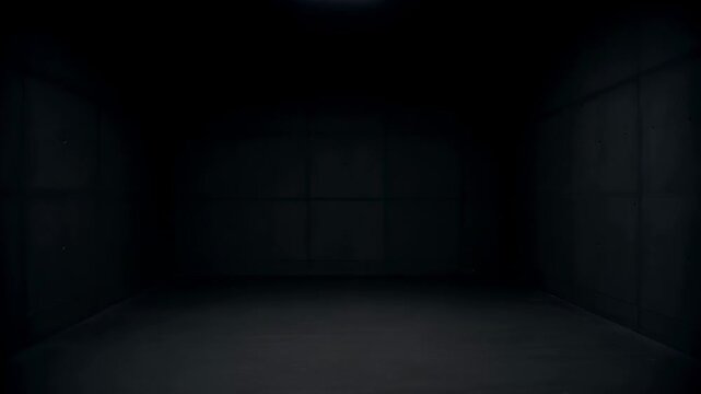 Dimming rectangular ceiling light casting deepening shadows across concrete-panel walls and floor