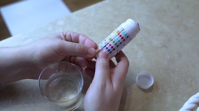 A man in the kitchen tests tap water quality with a test strip. Home testing for drinking water safety, pH, chlorine, and chemical contaminants.