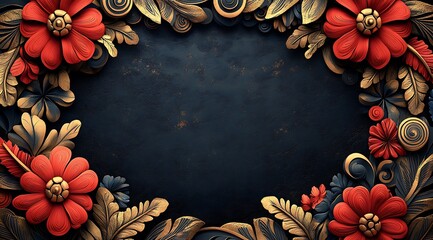 Ornate Frame of Red Flowers Gold Leaves and Dark Blue Textured Background border floral