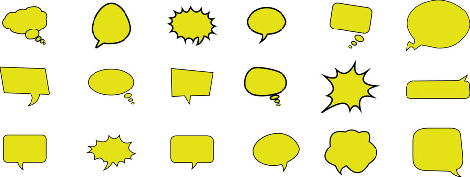 Collection of various yellow cartoon speech bubbles isolated on transparent background