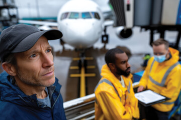 Two airport staff members discuss operational details on the tarmac near a parked airplane, emphasizing collaboration and attention to detail in a busy environment.