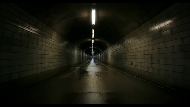 Opening at tunnel entry starting tracking camera moving into wet tiled tunnel revealing light glow