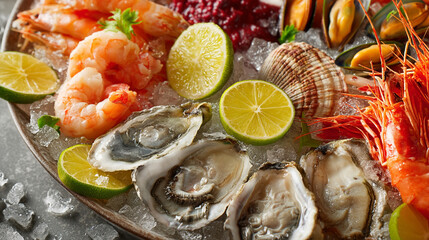 Fresh Seafood Platter with Prawns, Oysters, Mussels, and Limes on Crushed Ice