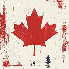 Red Maple Leaf on Textured White Background with Red Splatter and Trees Keywords: Canada flag, maple