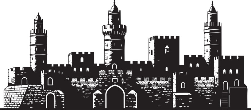 Ancient castle silhouette, fortress illustration, stone walls, towers, battlements, vector line art