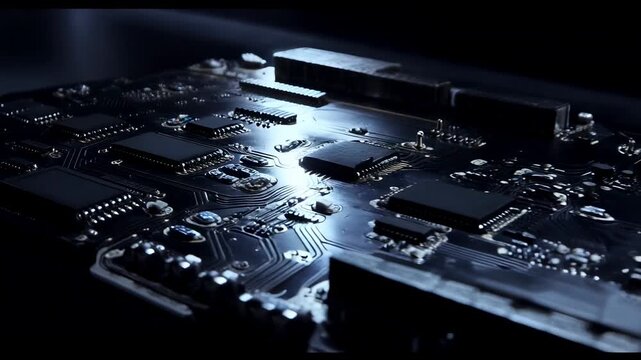 Panning camera revealing PCB at test bench, highlighting chips, traces, solder joints and fixture