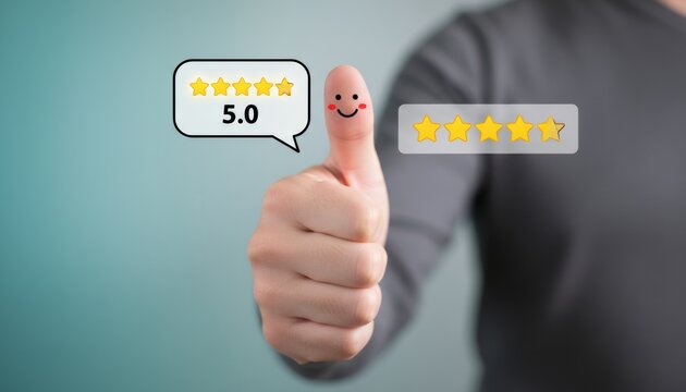 Happy client showing positive thumb up for service satisfaction. Excellence 5 star rating feedback for business quality guarantee. Best product review result with trustworthy approval sign.