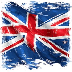 Stylized watercolor painting of the Union Jack flag with a distressed brushstroke effect
