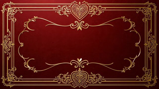Sparkles appearing near heart motifs tracing to accent filigree gold frame on burgundy backdrop