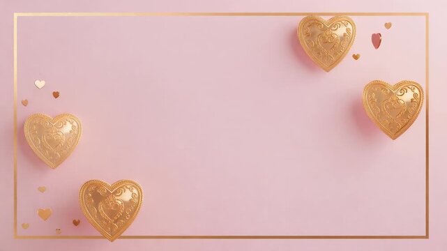 Starting animation 4 gold hearts bobbing, confetti drifting up in thin gold frame for overlay text