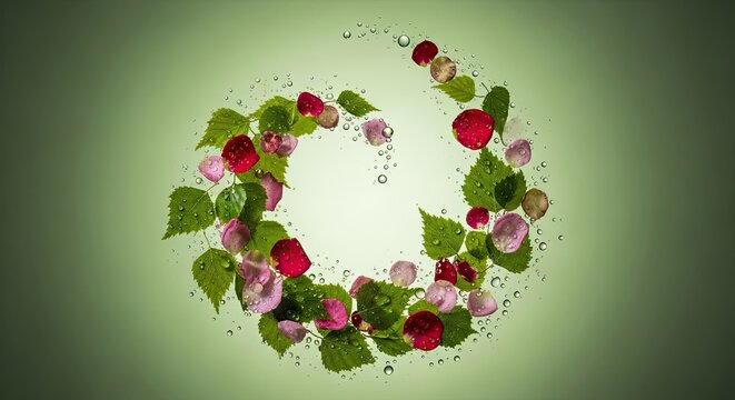 A circular arrangement of raspberries and leaves on a green background with water droplets.