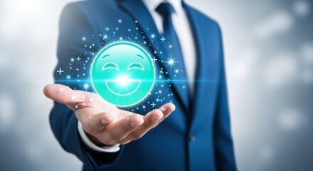 Businessman hand holding glowing digital smiley face icon, positive mental health wellness concept and customer satisfaction happiness emotion feedback in blurred blue corporate background.