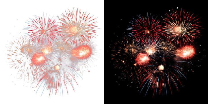 Realistic red and white fireworks explosion cluster on transparent background for patriotic holiday celebration design