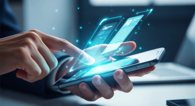 Businessman verifying digital identity profile on mobile smartphone. Future technology interface displaying personal data. Smart authentication system for virtual business management access.