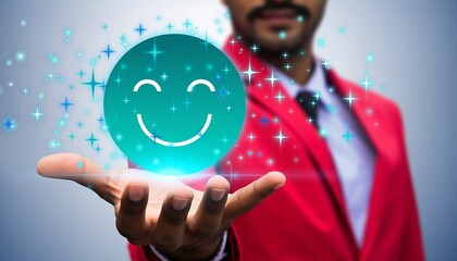 Businessman hand holding glowing digital smiley face icon, positive mental health wellness concept and customer satisfaction happiness emotion feedback in blurred blue corporate background.