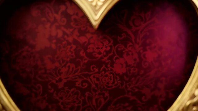 Tightening camera moving closer to ornate gold heart frame on deep red damask, revealing relief