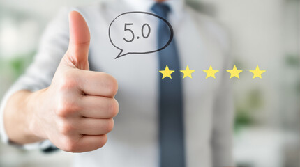 Happy client showing positive thumb up for service satisfaction. Excellence 5 star rating feedback for business quality guarantee. Best product review result with trustworthy approval sign.