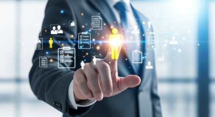 HR manager selecting virtual candidate profile for digital recruitment hiring. Smart AI technology system screening human talent. Future hr management data for professional job career.