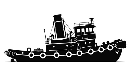 A black and white illustration of a classic tugboat on water © msunny93