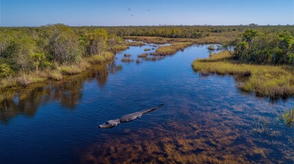 Obraz premium Calm marsh scene with an alligator in shallow water, sunlit Florida wetlands
