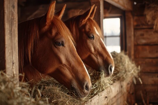 Calm moment: pair of horses grazing on hay in a rustic barn