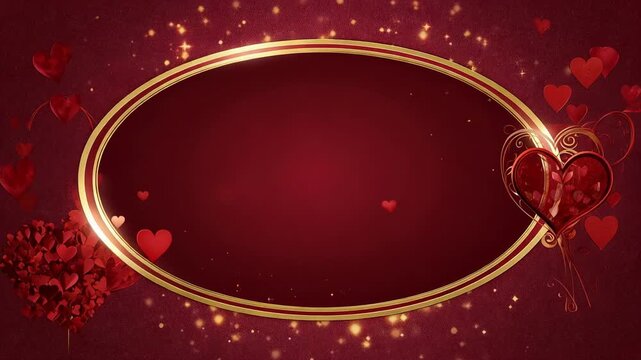 On play gold-oval frame centering on maroon canvas, glowing, hearts drifting, revealing text area