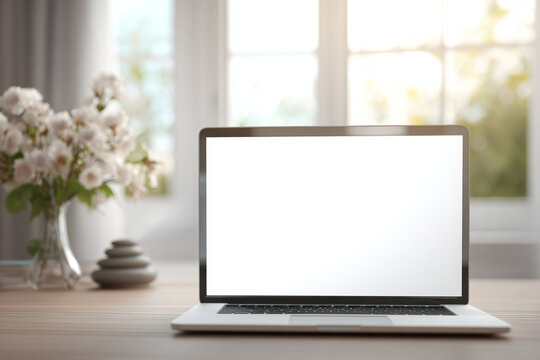 Silver laptop on clean desk in serene Zen garden, minimalist product mockup with soft northern light, neutral beige and white palette