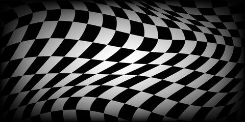 Obraz premium Abstract checkered background with distortion effect. Checkered pattern. surface. Black and white background, distorted chessboard. Abstract banner with distortion. Vector illustration.