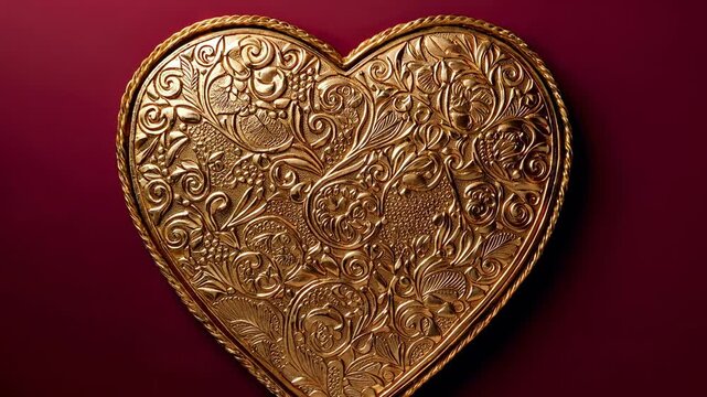 Cam zooming gold heart ornament scaling toward center-left on maroon backdrop revealing braided rim