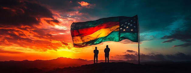 Two Silhouettes Stand Before a Waving Flag at Dramatic Sunset clouds
