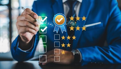 Businessman verifying quality assurance standard for corporate compliance certification. Digital service guarantee control system. Virtual inspection management approval rating with 5 star checkmark.