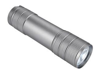 Steel flashlight LED Lamp isolated on a transparent background. Full depth of field. PNG.