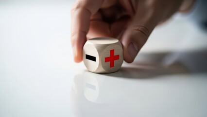 Hand choosing plus sign on dice